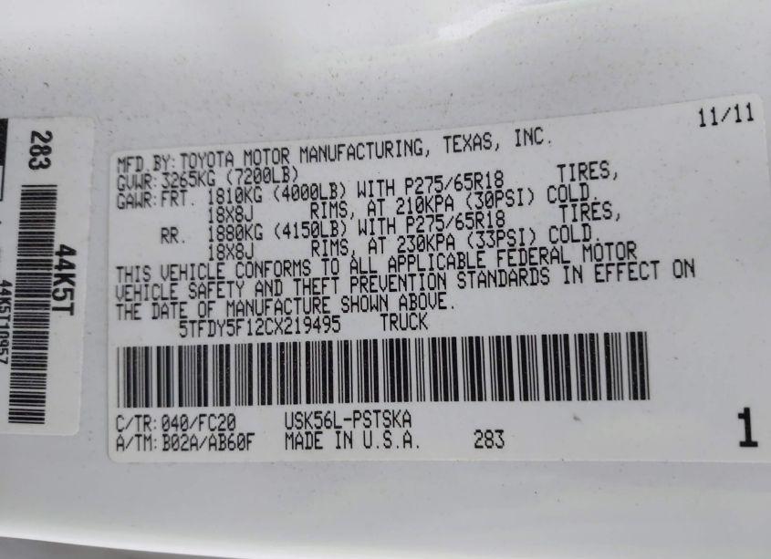 Photo 9 of 2012 Toyota Tundra CREWMAX SR5 (VIN 5TFDY5F12CX219495)