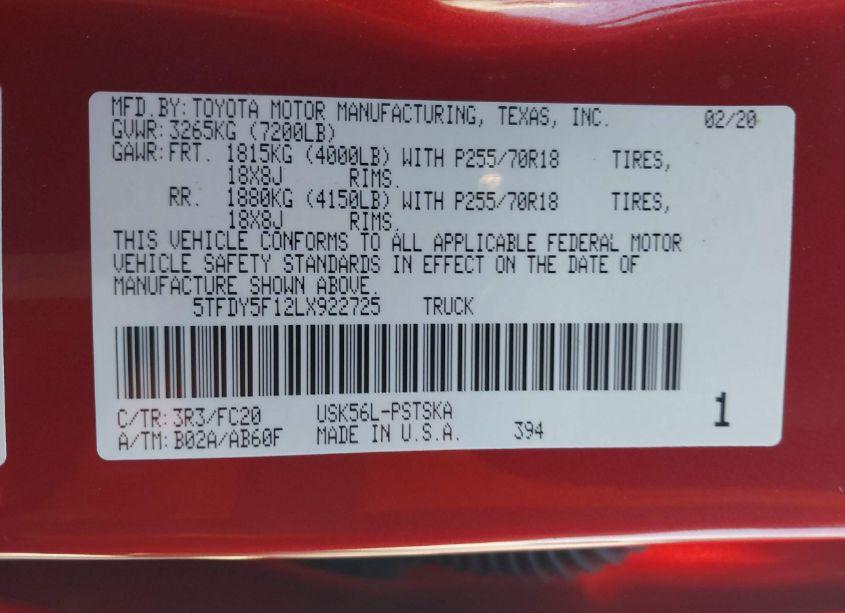 Photo 9 of 2020 Toyota Tundra SR5 (VIN 5TFDY5F12LX922725)