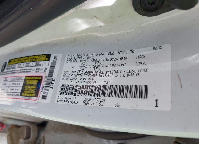 Photo 9 of 2021 Toyota Tundra SR5 (VIN 5TFDY5F12MX003874)