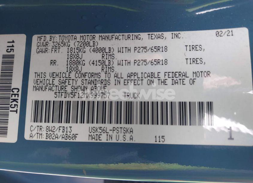 Photo 9 of 2021 Toyota Tundra SR5 (VIN 5TFDY5F12MX999757)