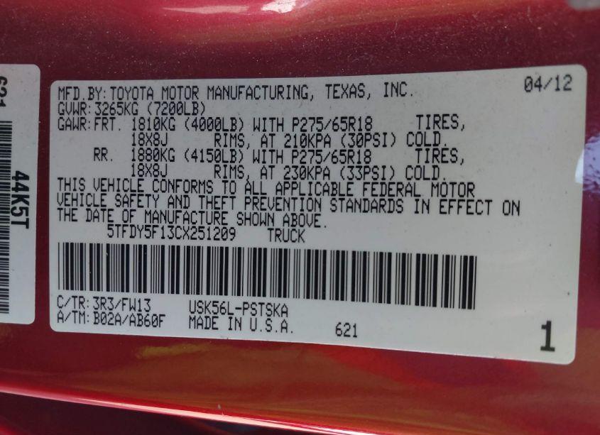 Photo 9 of 2012 Toyota Tundra GRADE 5.7L V8 (VIN 5TFDY5F13CX251209)