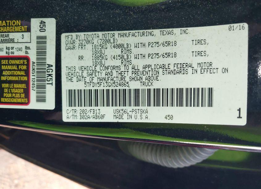 Photo 9 of 2016 Toyota Tundra SR5 5.7L V8 (VIN 5TFDY5F13GX524865)