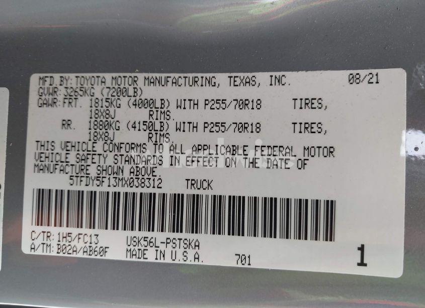 Photo 9 of 2021 Toyota Tundra SR5 (VIN 5TFDY5F13MX038312)