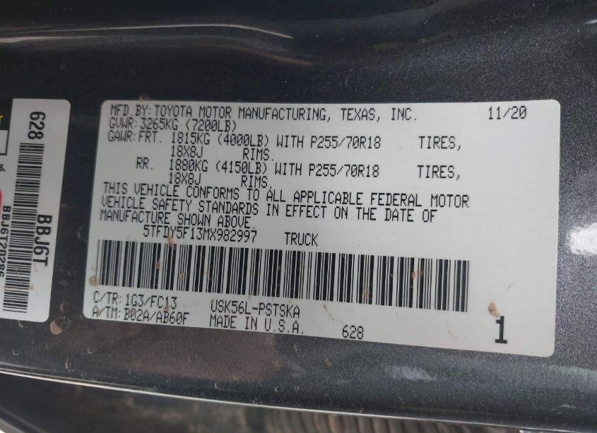 Photo 9 of 2021 Toyota Tundra SR5 (VIN 5TFDY5F13MX982997)