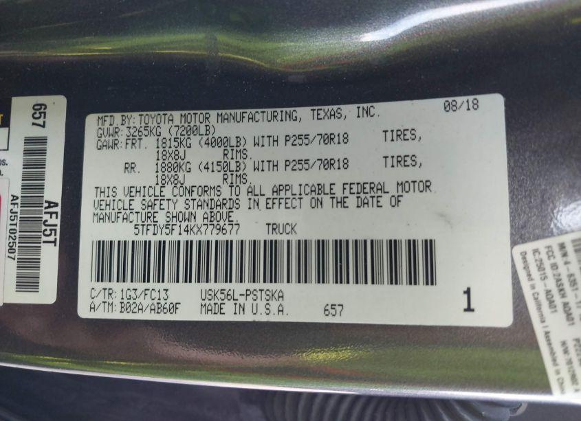 Photo 9 of 2019 Toyota Tundra SR5 5.7L V8 (VIN 5TFDY5F14KX779677)