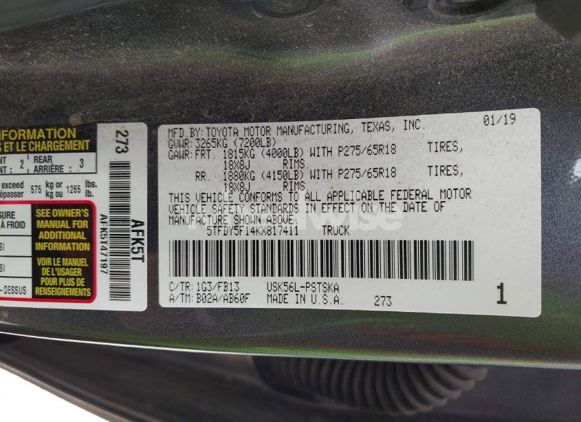 Photo 9 of 2019 Toyota Tundra SR5 5.7L V8 (VIN 5TFDY5F14KX817411)