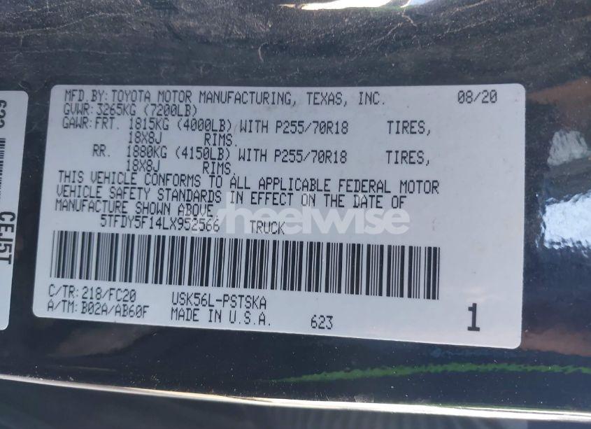 Photo 9 of 2020 Toyota Tundra SR5 (VIN 5TFDY5F14LX952566)