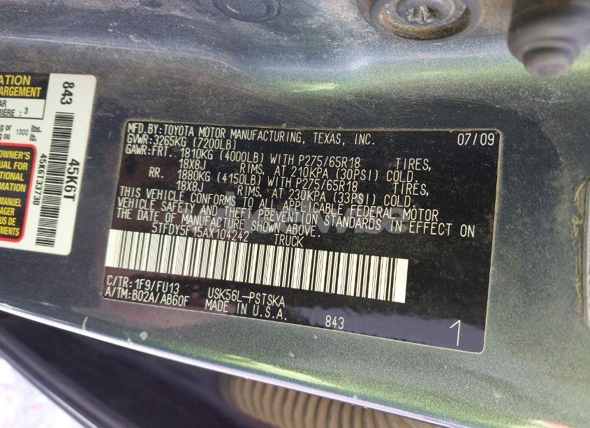 Photo 9 of 2010 Toyota Tundra GRADE 5.7L V8 (VIN 5TFDY5F15AX104242)