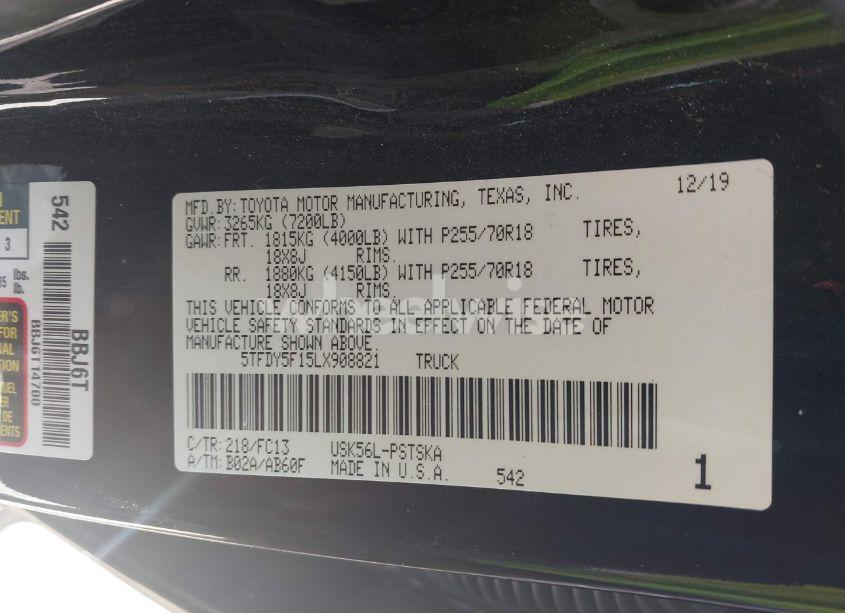 Photo 9 of 2020 Toyota Tundra SR5 (VIN 5TFDY5F15LX908821)