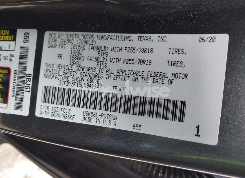 Photo 9 of 2020 Toyota Tundra SR5 (VIN 5TFDY5F15LX941947)