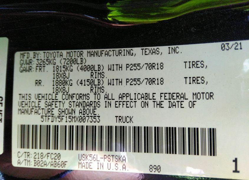 Photo 9 of 2021 Toyota Tundra SR5 (VIN 5TFDY5F15MX007353)