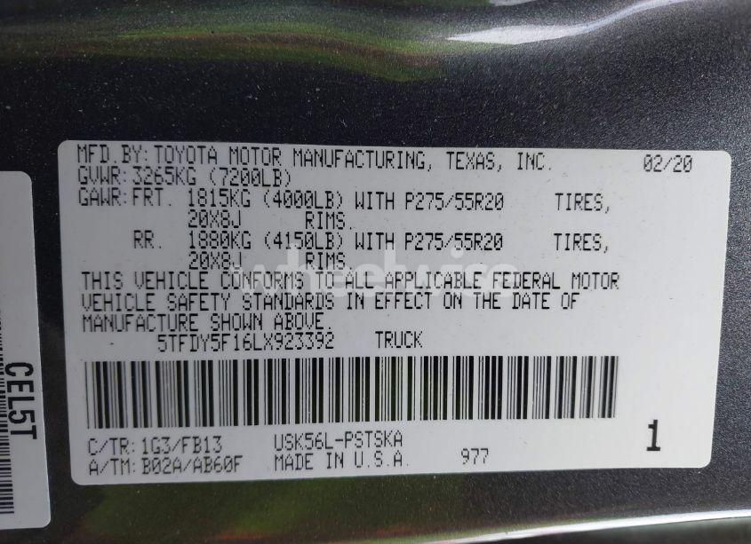 Photo 9 of 2020 Toyota Tundra SR5 (VIN 5TFDY5F16LX923392)