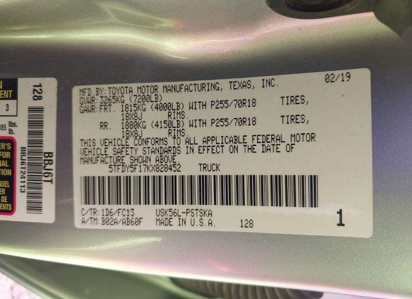 Photo 9 of 2019 Toyota Tundra SR5 5.7L V8 (VIN 5TFDY5F17KX828452)