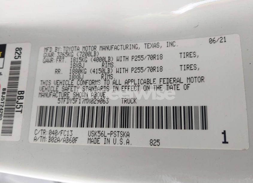 Photo 9 of 2021 Toyota Tundra SR5 (VIN 5TFDY5F17MX029063)