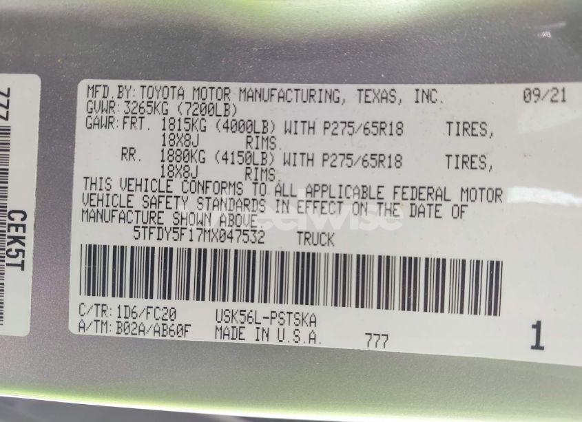 Photo 9 of 2021 Toyota Tundra TRD PRO (VIN 5TFDY5F17MX047532)