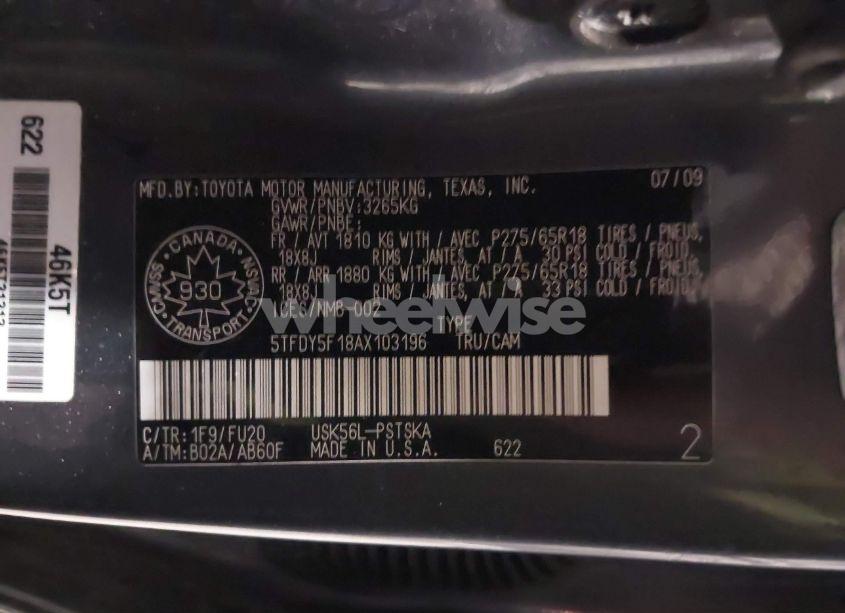 Photo 9 of 2010 Toyota Tundra SR5 5.7L V8 (VIN 5TFDY5F18AX103196)