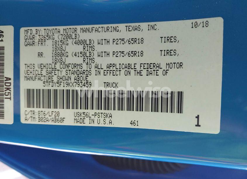 Photo 9 of 2019 Toyota Tundra TRD PRO 5.7L V8 (VIN 5TFDY5F19KX793459)