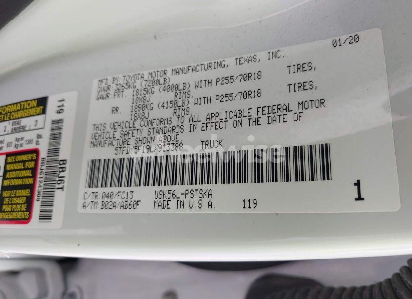 Photo 9 of 2020 Toyota Tundra SR5 (VIN 5TFDY5F19LX913388)