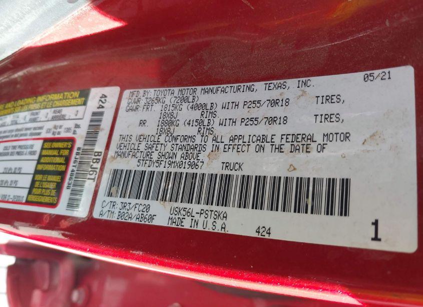 Photo 9 of 2021 Toyota Tundra SR5 (VIN 5TFDY5F19MX019067)