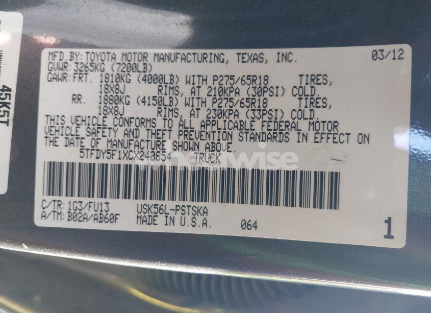 Photo 9 of 2012 Toyota Tundra GRADE 5.7L V8 (VIN 5TFDY5F1XCX240854)