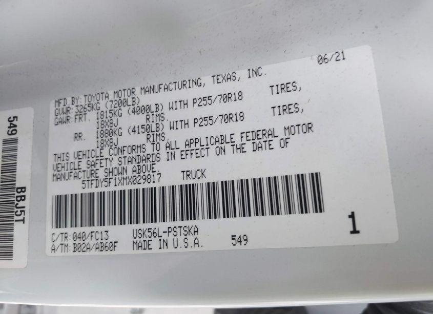 Photo 9 of 2021 Toyota Tundra SR5 (VIN 5TFDY5F1XMX029817)