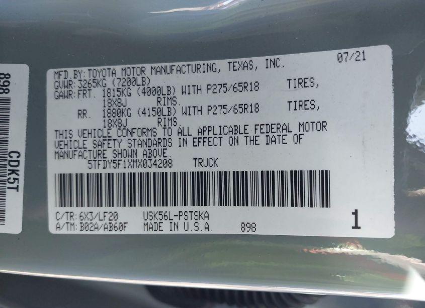 Photo 9 of 2021 Toyota Tundra TRD PRO (VIN 5TFDY5F1XMX034208)