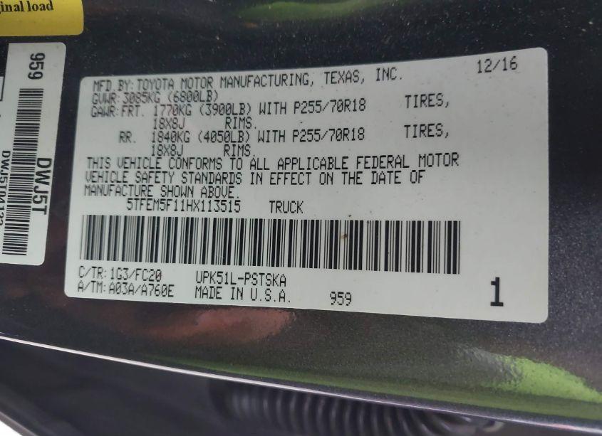 Photo 9 of 2017 Toyota Tundra SR5 4.6L V8 (VIN 5TFEM5F11HX113515)