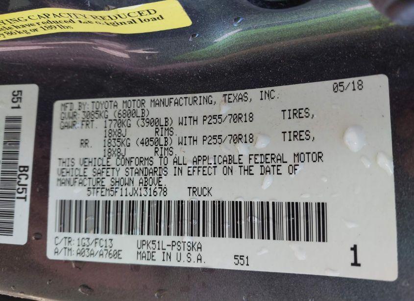 Photo 9 of 2018 Toyota Tundra SR5 4.6L V8 (VIN 5TFEM5F11JX131678)