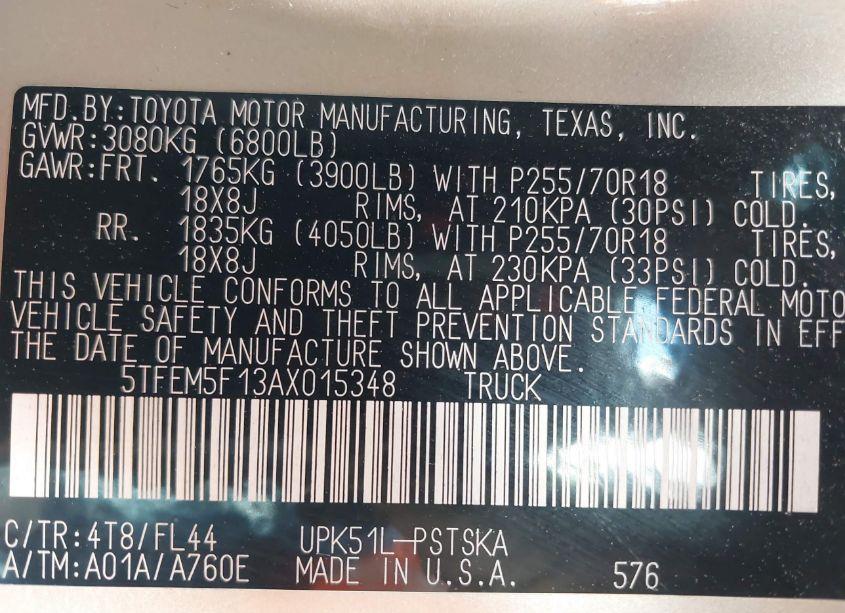 Photo 9 of 2010 Toyota Tundra GRADE 4.6L V8 (VIN 5TFEM5F13AX015348)