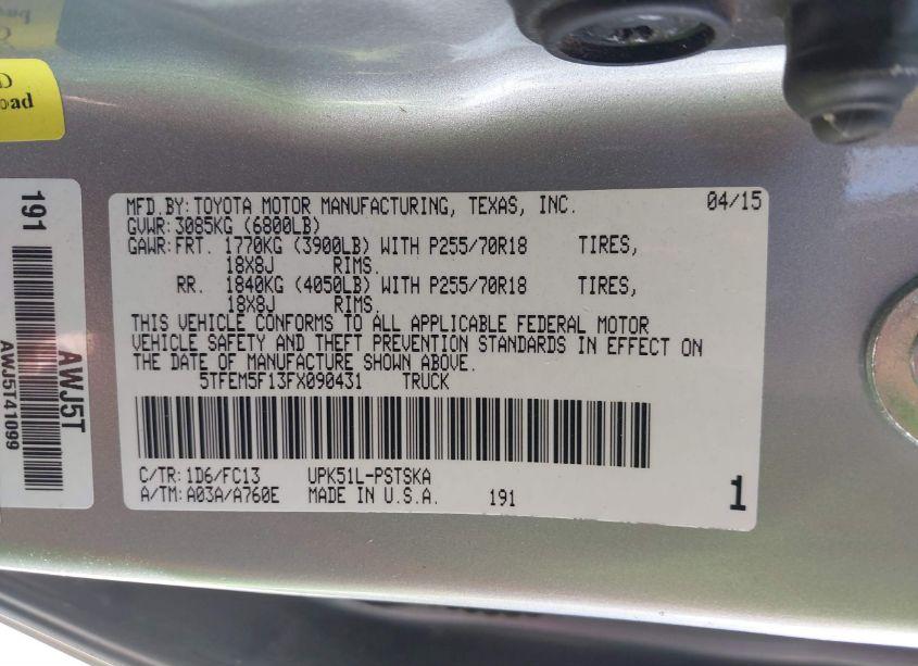 Photo 9 of 2015 Toyota Tundra SR5 4.6L V8 (VIN 5TFEM5F13FX090431)