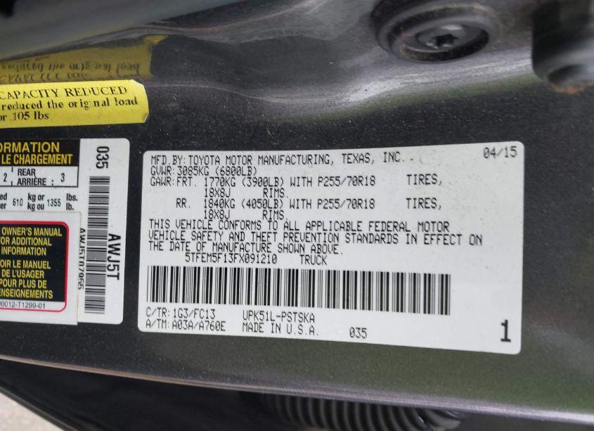 Photo 9 of 2015 Toyota Tundra SR5 4.6L V8 (VIN 5TFEM5F13FX091210)