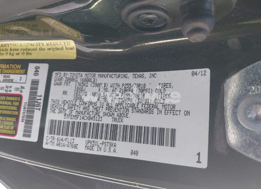 Photo 9 of 2012 Toyota Tundra GRADE 4.6L V8 (VIN 5TFEM5F14CX045123)