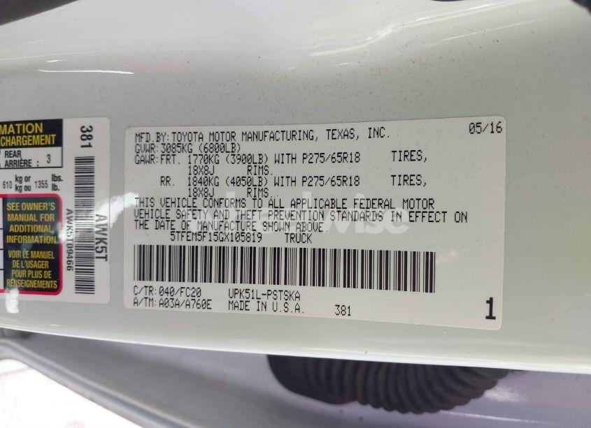 Photo 9 of 2016 Toyota Tundra SR5 4.6L V8 (VIN 5TFEM5F15GX105819)