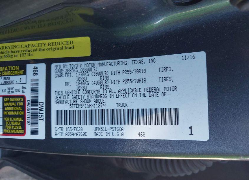 Photo 9 of 2017 Toyota Tundra SR5 4.6L V8 (VIN 5TFEM5F15HX112741)