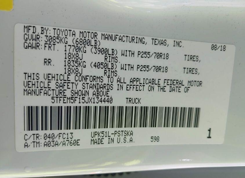 Photo 9 of 2018 Toyota Tundra SR5 4.6L V8 (VIN 5TFEM5F15JX134440)