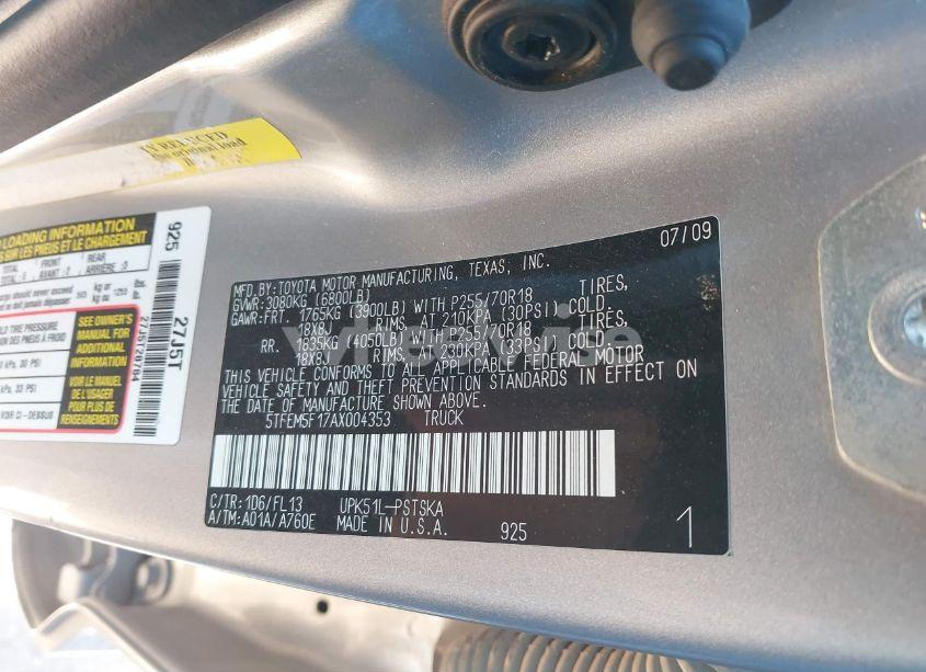 Photo 9 of 2010 Toyota Tundra GRADE 4.6L V8 (VIN 5TFEM5F17AX004353)