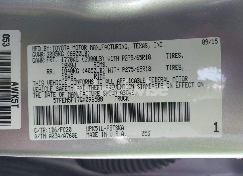 Photo 9 of 2016 Toyota Tundra SR5 4.6L V8 (VIN 5TFEM5F17GX096508)