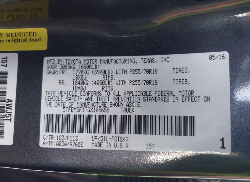 Photo 9 of 2016 Toyota Tundra SR5 4.6L V8 (VIN 5TFEM5F17GX105658)