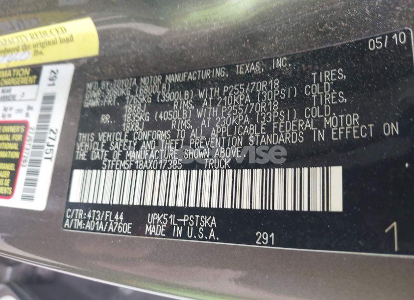 Photo 9 of 2010 Toyota Tundra GRADE 4.6L V8 (VIN 5TFEM5F18AX017385)