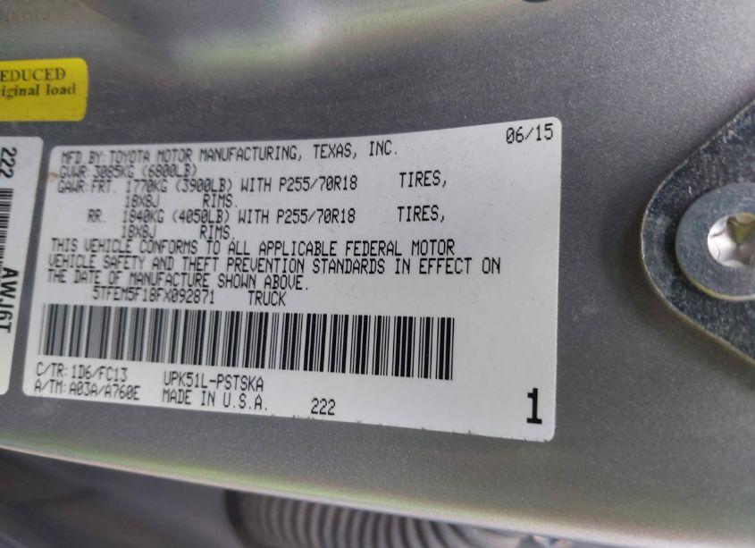 Photo 9 of 2015 Toyota Tundra SR5 4.6L V8 (VIN 5TFEM5F18FX092871)