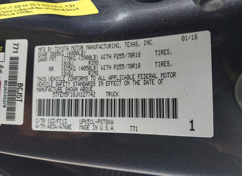 Photo 9 of 2018 Toyota Tundra SR5 4.6L V8 (VIN 5TFEM5F18JX127742)