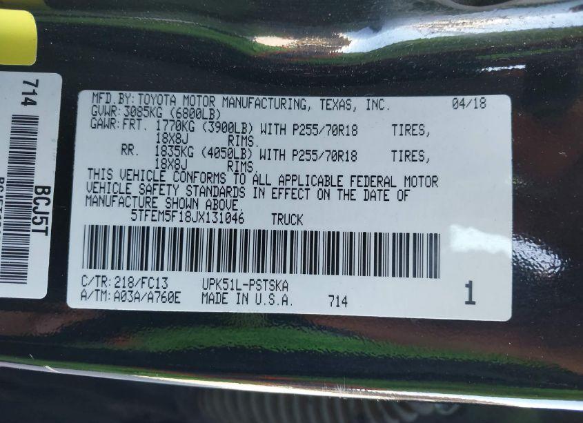 Photo 9 of 2018 Toyota Tundra SR5 4.6L V8 (VIN 5TFEM5F18JX131046)