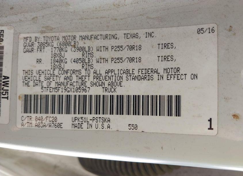 Photo 9 of 2016 Toyota Tundra SR5 4.6L V8 (VIN 5TFEM5F19GX105967)