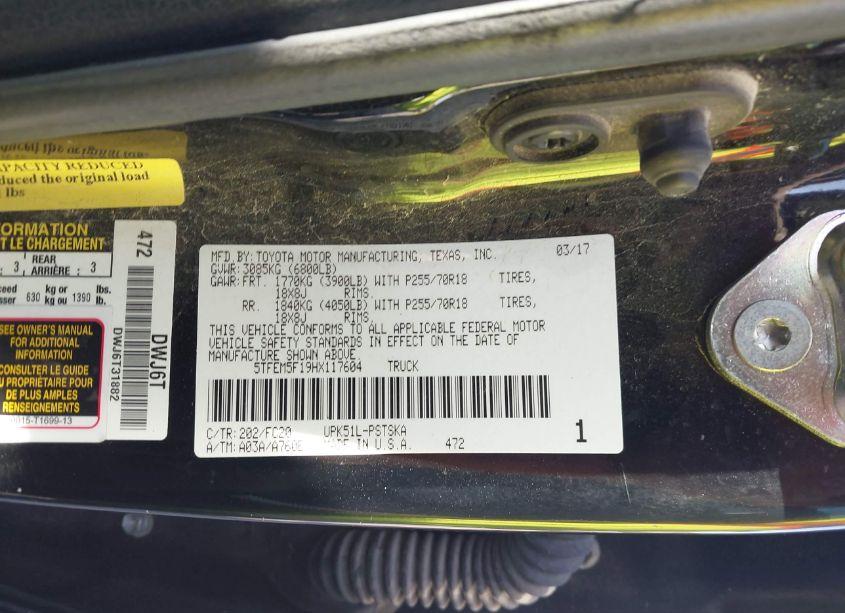 Photo 9 of 2017 Toyota Tundra SR5 4.6L V8 (VIN 5TFEM5F19HX117604)