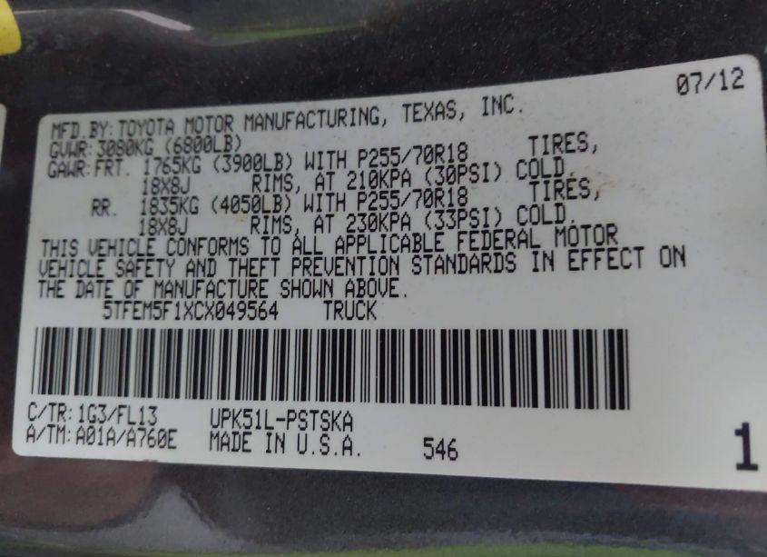 Photo 9 of 2012 Toyota Tundra GRADE 4.6L V8 (VIN 5TFEM5F1XCX049564)