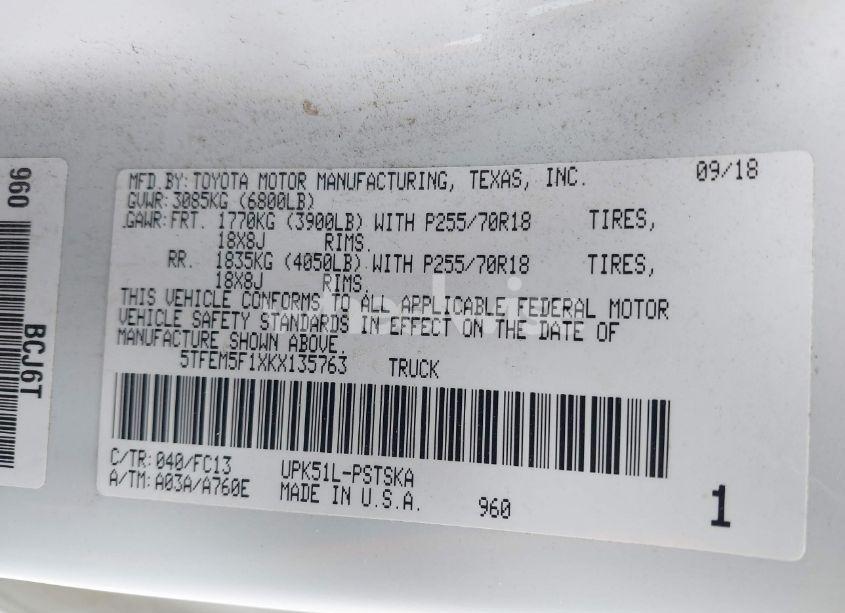 Photo 9 of 2019 Toyota Tundra SR5 4.6L V8 (VIN 5TFEM5F1XKX135763)