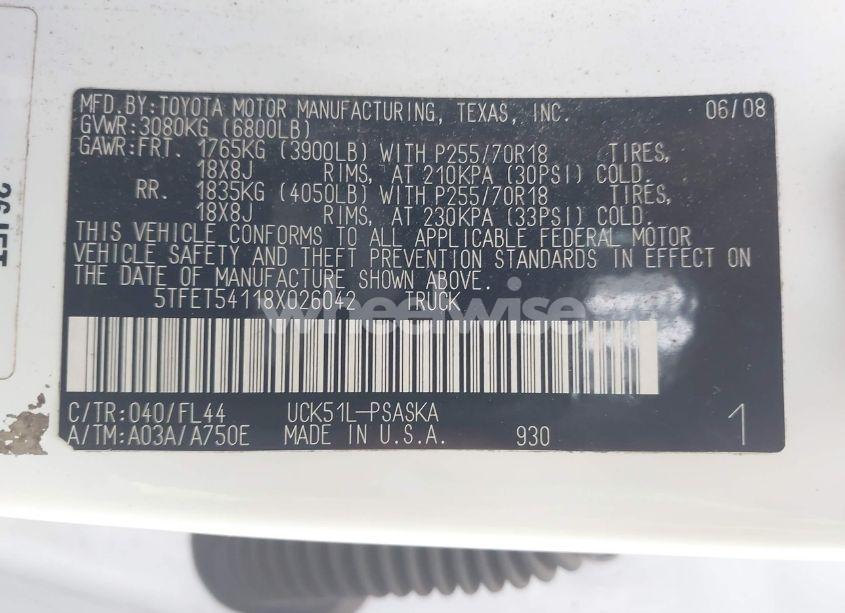 Photo 9 of 2008 Toyota Tundra BASE 4.7L V8 (VIN 5TFET54118X026042)