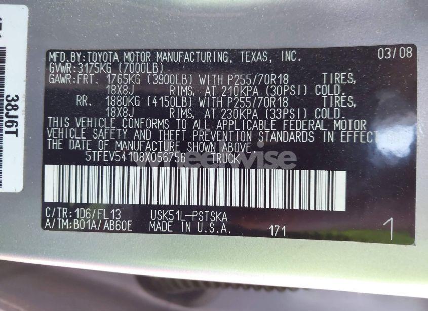 Photo 9 of 2008 Toyota Tundra BASE 5.7L V8 (VIN 5TFEV54108X056756)