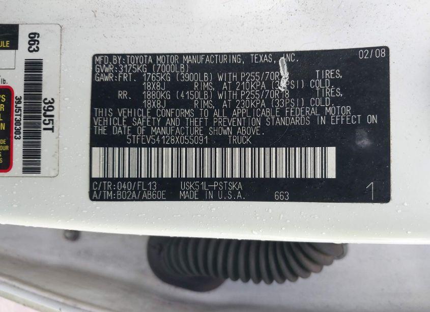 Photo 9 of 2008 Toyota Tundra SR5 5.7L V8 (VIN 5TFEV54128X055091)