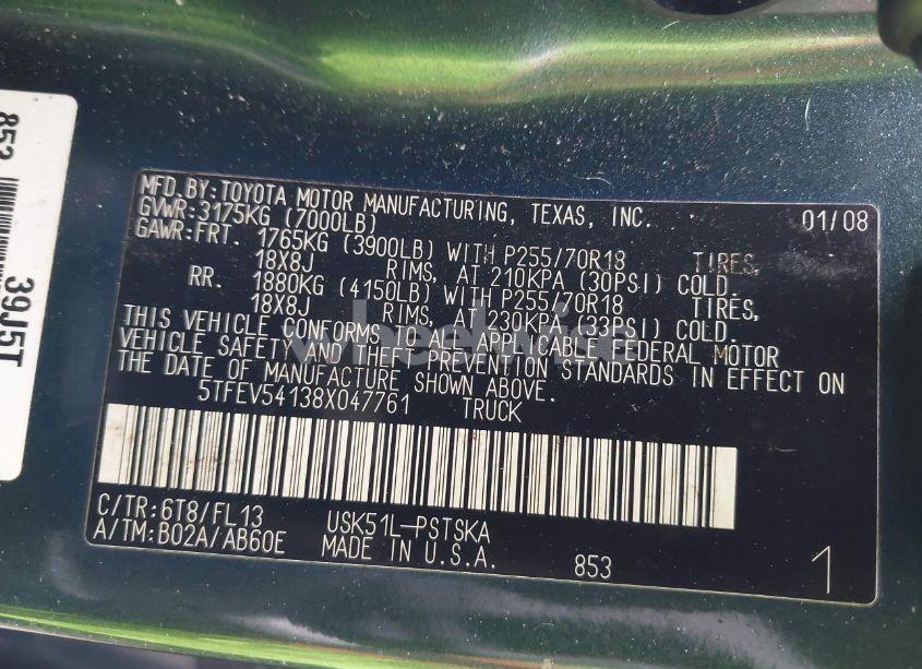 Photo 9 of 2008 Toyota Tundra SR5 5.7L V8 (VIN 5TFEV54138X047761)